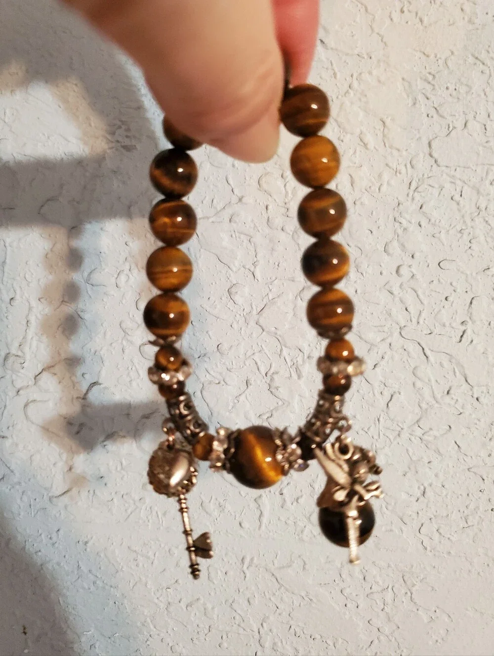 Womens Faux Tiger's Eye Stretchy Beaded Charm Bracelet‎ Brown & Gold